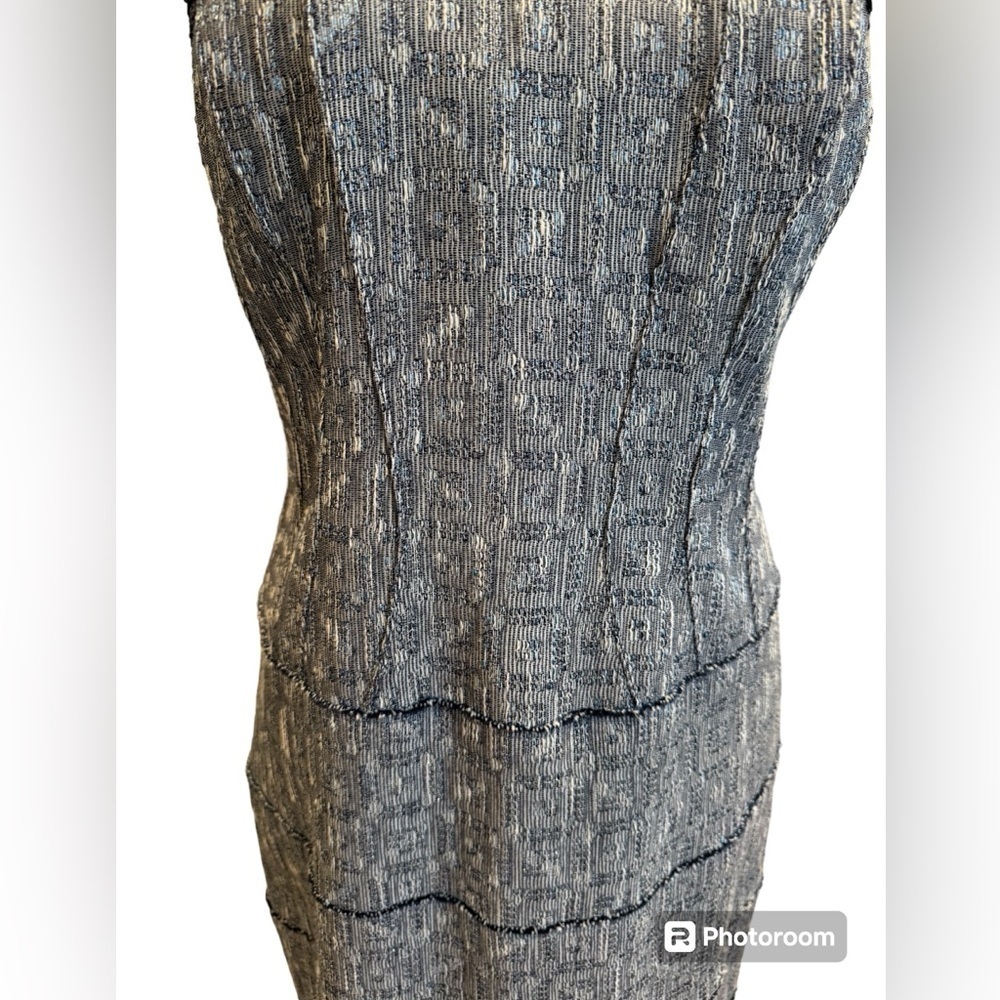 Kay Unger Sheath Dress Navy Blue Lace and Pewter Tweed Womens Size 12 - Picture 10 of 16